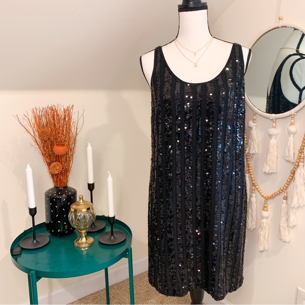 INC International Concepts Black Striped Sequins Silk Flapper Shift Tank Dress